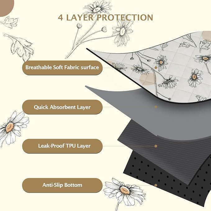 IEUUMLER Washable Pee Pads for Dogs, 1 Pack Non-Slip & Waterproof Pack Whelping Pad, Reusable Washable Puppy Potty Training Pad with Fast Absorbent for Playpen EU007 (Beige Daisy, 63"X63"-1pcs)