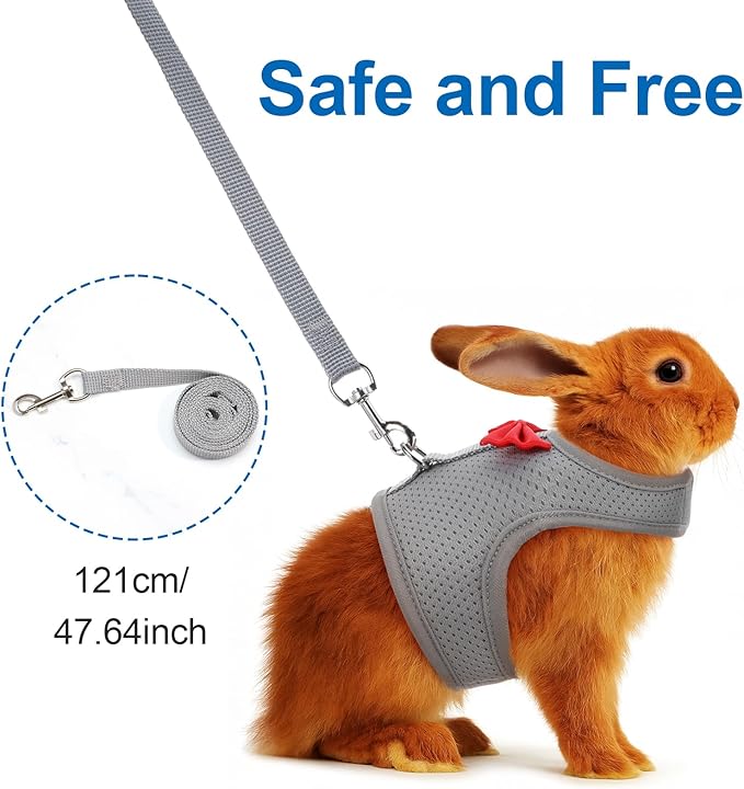 Rabbit Harness and Leash Set,Bunny Leash for Walking Escape Proof,Bunny Clothes with Cute Bow Mesh Breathable Adjustable Vest Rabbit Harness Camping Hiking Training for Ferret Kitten Puppy (Grey M)