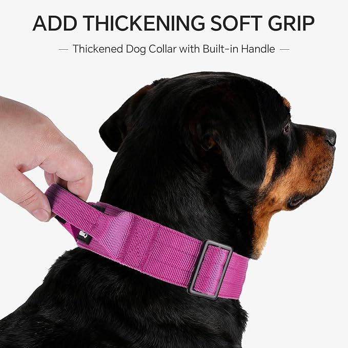 Tactical Thick Dog Collar, Adjustable Training Nylon Dog Collar, Heavy Duty Metal Buckle & Control Handle for Small Medium Large Dogs (M, Hotpink)