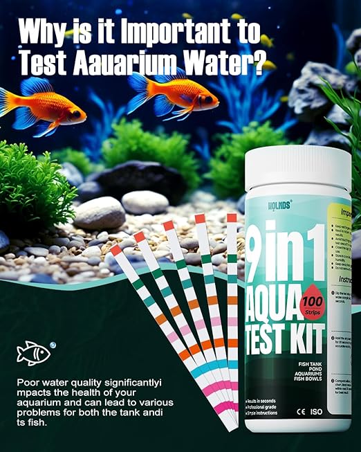 Aquarium Test Strips - 9-in-1 Aquarium Water Test Kit: Fish Tank Testing Kit for Freshwater & Saltwater, 100 Strips,Fast & Accurate Ammonia, pH, Hardness, & More,Lead Water Test Kit