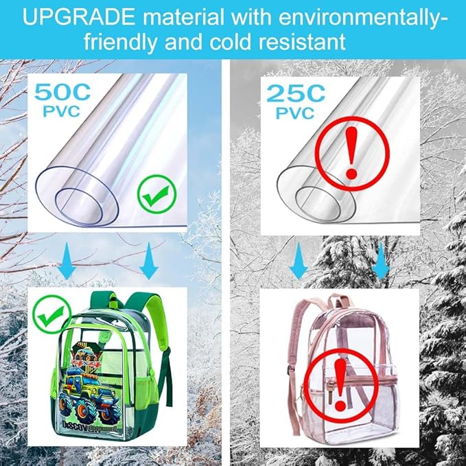 AGSDON 3PCS Clear Backpack for Boys, 16" Truck Transparent Bookbag Heavy Duty,See Through Backpacks with Lunch Bag- Green Truck