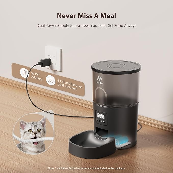 IMIPAW Automatic Cat Feeders, 3L Timed Cat Dry Food Dispenser, Dual Power Supply, Programmable Portion Size, 1-6 Meals Per Day, Auto Pet Feeder for Cats and Small Dogs, with Desiccant Bags