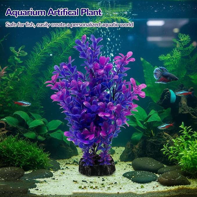 Mipukbay Purple Aquarium Plants - Artificial Plastic Fish Tank Decor, Realistic Ornament Safe for Fish & Shrimp, Low-Maintenance Aquascaping Plants for Freshwater/Saltwater Tank Landscaping