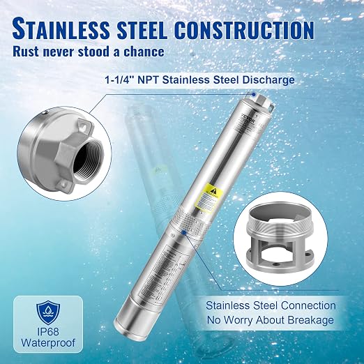 VEVOR Deep Well Submersible Pump, 0.5HP/370W 115V/60Hz, 28GPM Flow 167 ft Head, with 33ft Electric Cord, 4 inch Stainless Steel Water Pumps for Industrial, Irrigation & Home Use, IP68 Waterproof Grade