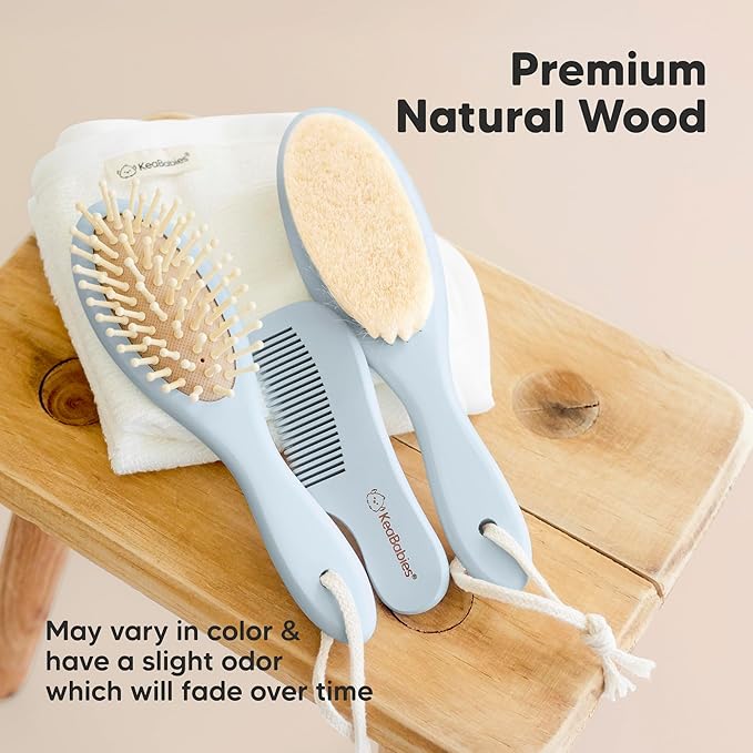 Baby Hair Brush Set for Newborns - Soft Goat Bristle Wooden Baby Brush and Comb Set Newborn Grooming Kit for Cradle Cap, Durable & Gentle, Boy, Girl Infant Essentials Care Kit (Regular, Frost)