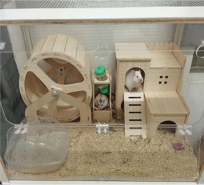 Large Hamster Maze Wood House Fun Slide House Guinea Pig Hamsters Hide Out Climbing Ladder Wooden Funny Play Toy Chew Two Layers Hut for Small Animal Rat Mouse Hideout Dwarf Gerbil Syrian Pet