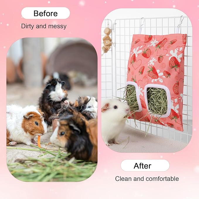 2pcs Bunny Hay Bag, 2-Hole Rabbit Hay Bags, 13.78 X 9.45in Hay Bag for Guinea Pigs, Hanging Guinea Pig Hay Holder for Guineas Pigs Bunny, Small Pets (Pink Strawberry)