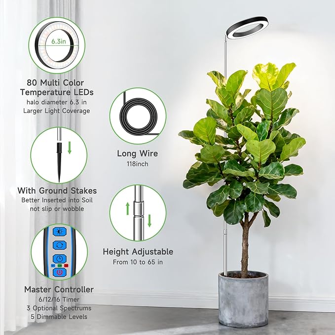 Aokrean Plant Grow Light, 80LED Growing Light Full Spectrum for Indoor Plants, Height Adjustable 10"-65", Auto Timer 6/12/16H, 3 Optional Spectrums, Idea for Large Plant Light, 5V, Black, 1 Pack