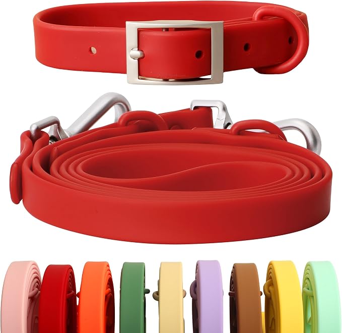 Dog Collar and Leash Set, Durable Waterproof Dog Leashes Collars, 5 Length Setting Adjustable Dog Collars for Large Medium Small Dogs (Red, S)