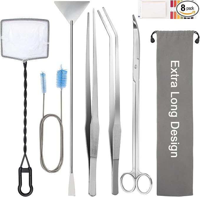 Extra Long Aquarium Aquascaping Tools Kit 8 in 1, Liveek Stainless Steel Aquarium Plant Tools Long Fish Tank Aquascape Tweezers Scissors Scrapers, PH Paper, Fish Net, Aquascape Clean Brush, Bag