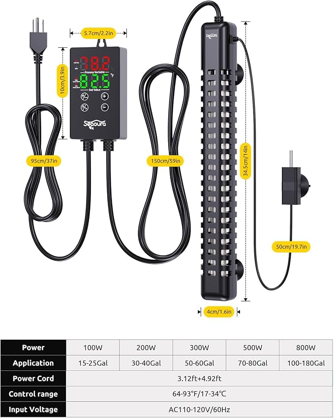 SEAOURA 500W Aquarium Heater for 70-80 Gallon Fish Turtle Tank Thermostat | Adjustable Max & Min Temp Protection, 14 IN Intelligent Submersible Heater Auto Shut-Off Digital Display Salt/Freshwater