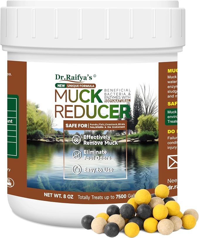 Dr.Raifya's Muck Reducer, Pond Sludge & Water Fountain Clarifier, 8 OZ | Beneficial Bacteria for Ponds, Naturally Removes Muck & Controls Odor, Safe for Fish & Wildlife, Easy to Use - 4,500 Granules