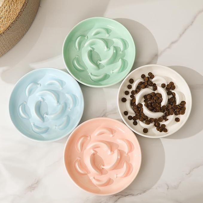Ceramic Cat Slow Feeder Bowl - 6.3'' Wide Opening Whisker Friendly Cat Plate for Dry and Wet Food - Cute Maze Feeder Dish Helps Reduce Vomiting - Microwave and Dishwasher Safe - Green