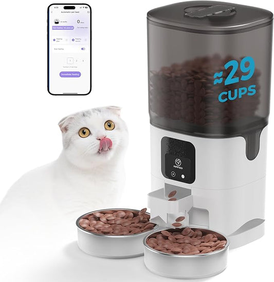 PAPIFEED Automatic Cat Feeder 2 Cats, 2.4G WiFi Cat Food Dispenser with App, 7L Slow Feeder Timed Cat Feeder for Dry Food, 10 Meals/Day, 12 Portions/Meal, Smart Pet Feeder for Small Dog, White