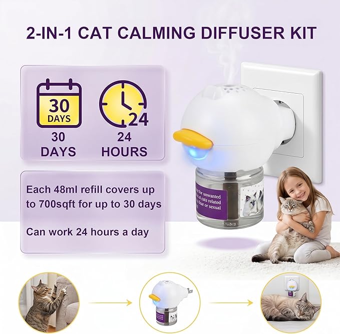 Cat Calming Diffuser，Helps Reduce Fighting, Tension & Aggression Between Cats，Cat Pheromones Calming Diffuser for Stress-2 Diffusers & 4 Refills