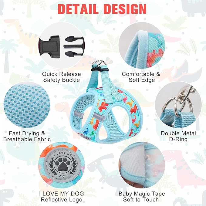 BEAUTYZOO Step in Dog Harness and Leash Set,Reflective Dog Harness No Pull No Choke Puppy Harness for Small Medium Large Dogs Cats,Soft Padded Mesh Vest Harnesses for Girl and Boy Pets,Dinosaurs S