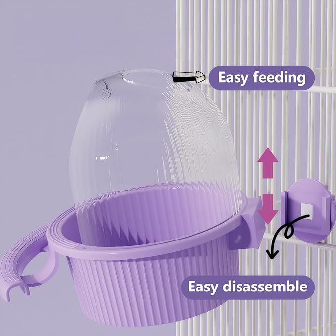 No Mess Bird Feeder for Cage, Parakeet Feeder with Easy Refill Top Hole, Semi Enclosed Dome Design for Food or Water, Prevents Seed Scatter, PC+ABS, Purple (6.5 x 4.9 x 5.4 in)