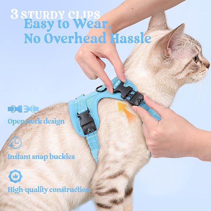 rabbitgoo Cat Harness and Leash, Escape Proof Vest with 3 Adjustable Buckles, Soft Comfortable Kitten Harness, Easy to Wear, Reflective for Safe Outdoor Walking, Small, Sky Blue