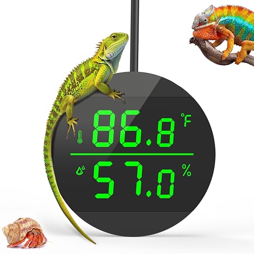 QZQ Reptile Thermometer and Humidity Gauge, Digital Display, Black | LED Thermometer Hydrometer, Reptile Tank Accessories for Bearded Dragon, Crested Gecko, Snake, Lizard, USB Power Supply