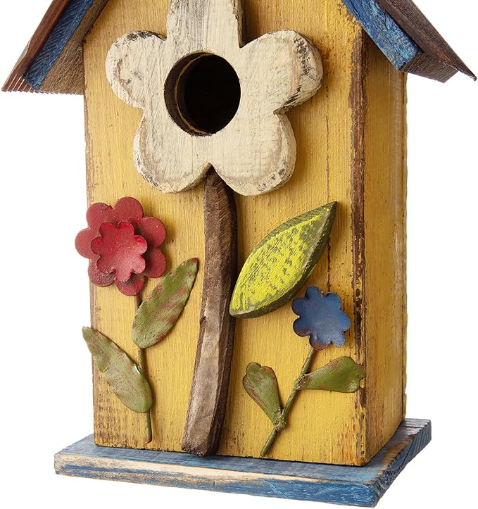 Glitzhome Bird Houses for Outside, 10.25" Wooden Bird House Hanging Birdhouse Distressed Flower Garden Bluebird House for Outdoor, Bird Nest Box for Bluebird Wren Chickadee Sparrow
