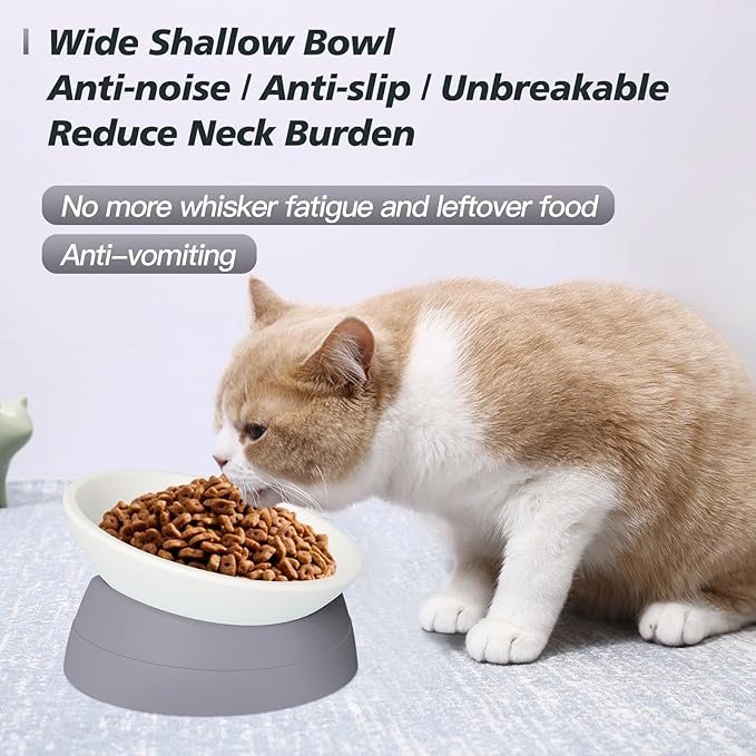 Elevated Cat Bowl, Adjustable Raised Slanted Food Bowl for Cats and Small Dogs, Wide Shallow PP Dish with TPR Non Slip Base, Whisker Friendly, 17 oz