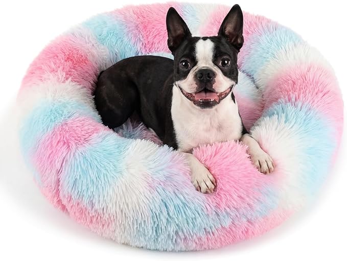 Calming Dog Bed for Medium Dogs Washable Donut 30 inches Anti-Slip Pet Bed,Round Fluffy Plush Faux Fur Cat Bed,Fits up to 45 lbs Pets,Multi Colored