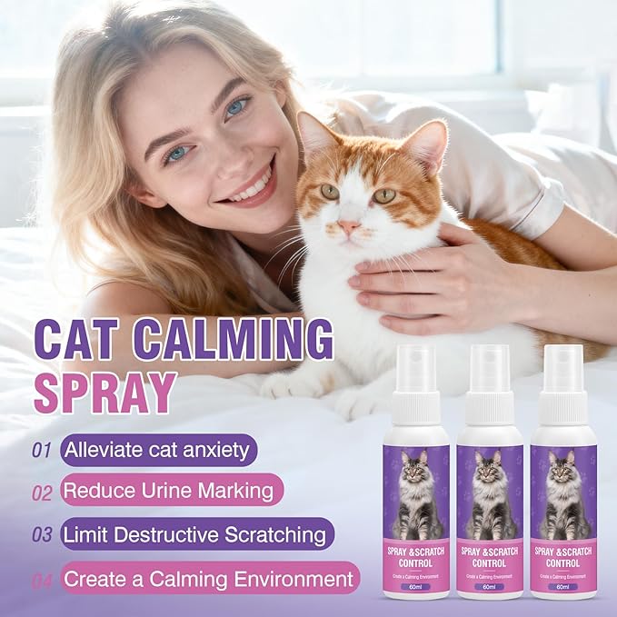 Cat Calming Spray Calming Solution for Cats Cat Pheromone Spray Reduces Stress Anxiety Scratching Calming Spray for Cats Good for Home Travel Cat Pheromones Calming Spray 60 ML 3 Pack