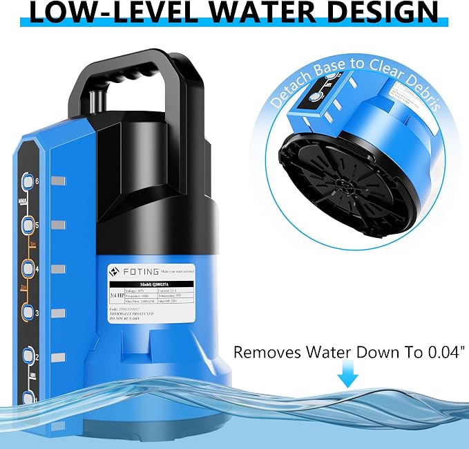 FOTING Sump Pump 3/4HP Automatic Submersible Water Pump, 2400GPH Thermoplastic Electric Portable Transfer Water Pump for Swimming Pool Garden Pond Basement with 16ft Cord, Drain Down to 0.04inch,Blue