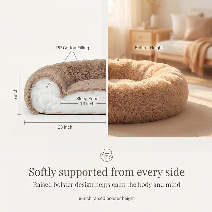 Calming Donut Dogs Beds for Small Dogs Washable,23inch Plush Round Pet Bed for Cozy Sleep,Fluffy Faux Fur Large Cat Bed,Fits up to 25 lbs Pets,Camel