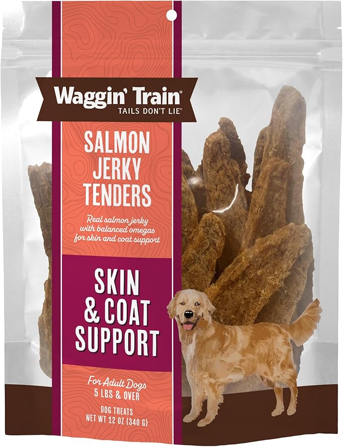 Waggin' Train Salmon Jerky Dog Treats for Skin and Coat Support, Made with 100% Real Salmon, No Grains and No Artificial Flavors or Colors, High Protein Dog Treat, Easily Digestible, 12 oz. Pouch