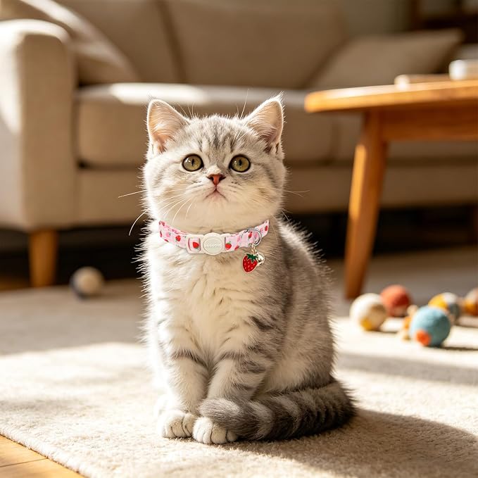 2 Pack Pink Cat Collars - Spring Summer Strawberry Breakaway Cat Collar with Bell, Adjustable Cute Pink Striped Kitten Collars for Girl Cats, 7-12 Inch