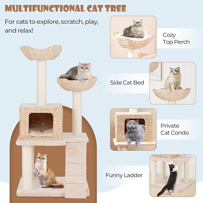 PETSITE 48 inch Cattail Cat Tree, Multi-Level Cat Tower with Sisal Scratching Posts, Cat Condo, Basket Beds, Climbing Ladder, and Soft Washable Cushions, Modern Cat Tree for Indoor Cats