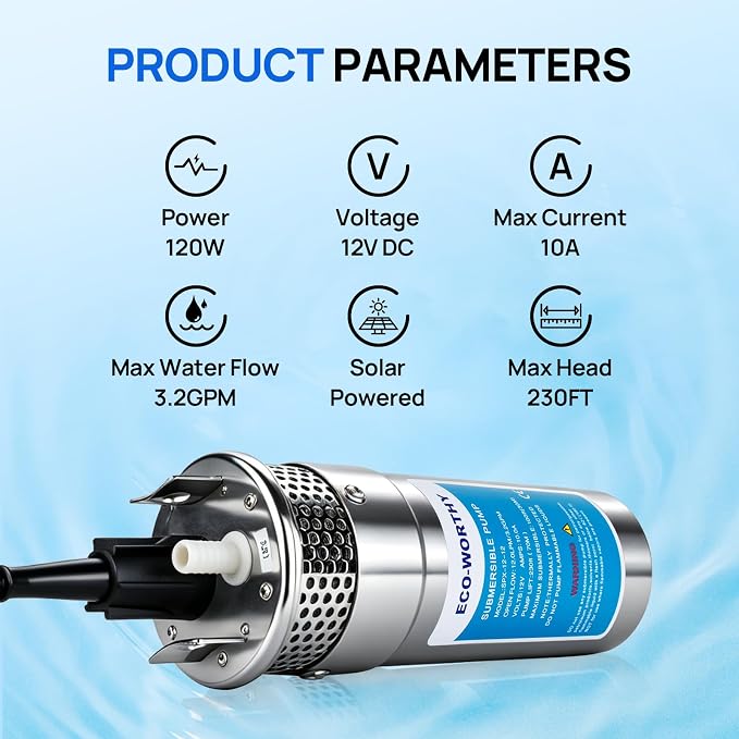 ECO-WORTHY 12V DC Submersible Deep Well Pump, IP65 Waterproof, MAX Flow 3.2GPM, Max Head 230ft, Water Pump Powered by Solar or Battery for Irrigation, Deep Well Water Extraction, Off-Grid Use