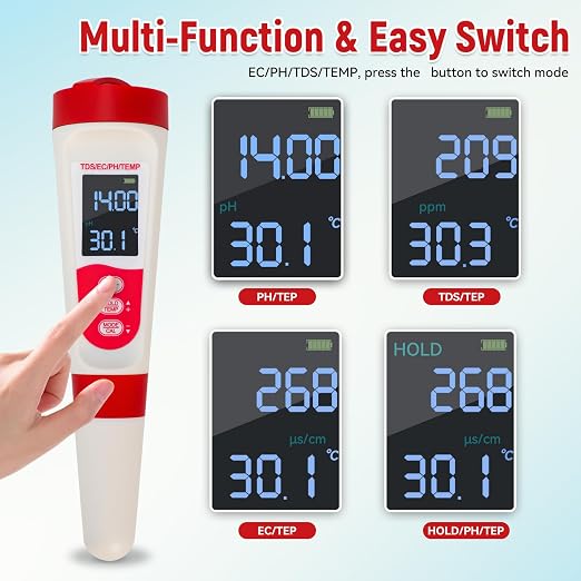 Digital Pool Water PH Tester - Multifunctional 4 in 1 PH Meter for Water/TDS/EC/Thermometer, TDS EC Meter Digital Water Tester with LCD Display for Drinking Water Swimming Pools Aquariums Hydroponics