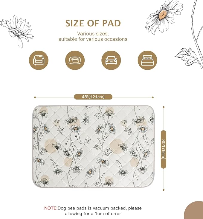 IEUUMLER Washable Pee Pads for Dogs, 2 Pack Non-Slip & Waterproof Pack Whelping Pad, Reusable Washable Puppy Potty Training Pad with Fast Absorbent for Playpen EU007 (Beige Daisy, 48"X30"-2pcs)