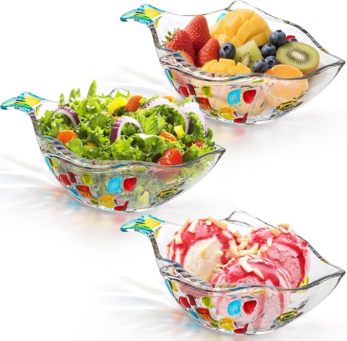 3 Pack Hand Painted Colorful Glass Crystal Bowl, 12 OZ Cute Fish Shaped Bowl, Decorative Serving Dish for Salad, Fruit, Snack, Dessert, Candy, Nuts