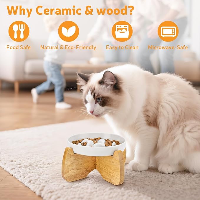 Raised Ceramic Slow Feeder Cat Bowl 6.3" Wide with Stand (1 Pack) | Anti-Gulping & Keep Fit, Dishwasher Safe, For Dry and Wet Food, For Cats and Small Dogs, Shallow Bottom Puzzle Feeder