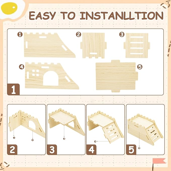 BreezeHug 4 Pcs Hamster Platform Hideout Wooden Tunnel Ladder Playhouse Hamster Game Climbing Toy with Platform Cage Accessories for Pets Dwarf Syrian Mice Degus Gerbils Squirrel(Castle)