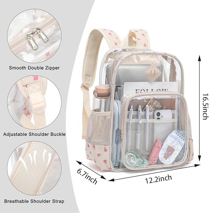 Clear Backpack for Girls Women School Bookbag Heavy Duty Transparent Backpacks (Corduroy Flowers Pink)