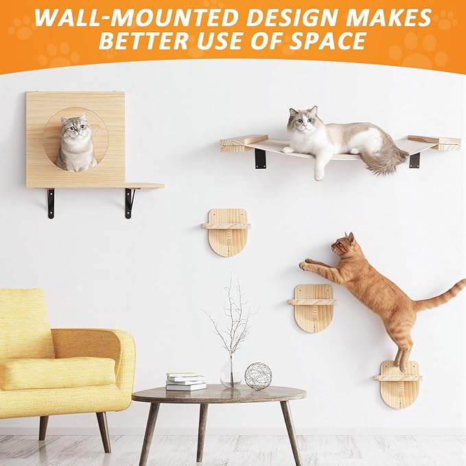 TIMIEEYA Cat Wall Shelves - Stable & Safe 5 in 1 Cat Walls Furniture Set, Wooden Kitten Climbing Wall with 1 Condos House, 1 Hammock & 3 Wall Steps