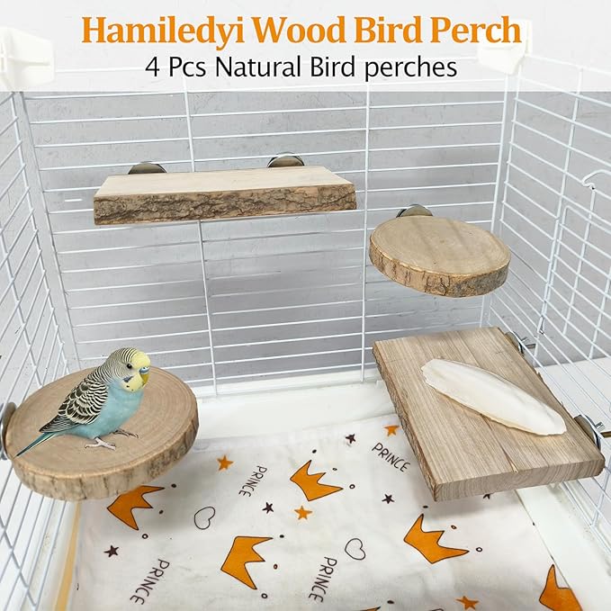 Hamiledyi Wood Bird Perch 4 Pcs Natural Bird perches Wooden Stand Platform or Budgie Conure Parrot Parakeet Cockatiel Lovebird