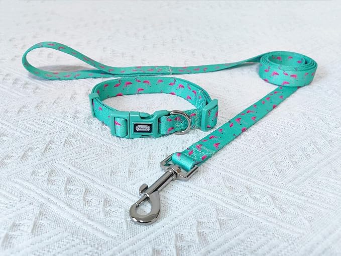 Dog Collar Leash Set, Flamingo Pattern, Polyester Material, Adjustable Collar and 5ft Matching Leash, for Small Dogs.(S, Green Flamingo)