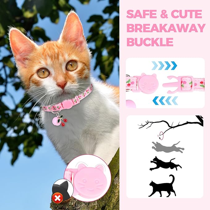 BINGPET Breakaway Cat Collar with Bell, 3 Pack Cat Collars for Girl Cats, Cute Kitty Collars Accessories with Pineapple & Cherry & Strawberry