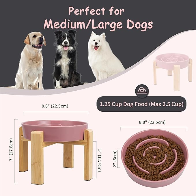 Elevated Slow Feeder Dog Bowl Large Breed, 8.8 Inch Ceramic Slow Eating Bowl with Bamboo Stand, Anti-Choking Raised Maze Design for Medium to Large Dogs, 3.2 Cup, Pink