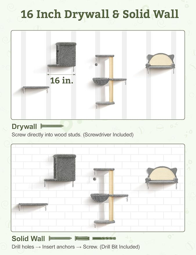 5-in-1 Cat Wall Shelves, Solid Wood & Velvet & Sisal Scratcher, 44lbs Max Load, Wall Mounted Cat Furniture for Climbers, Cat Climbing Wall System, Fits Drywall & Solid Walls - Light Gray