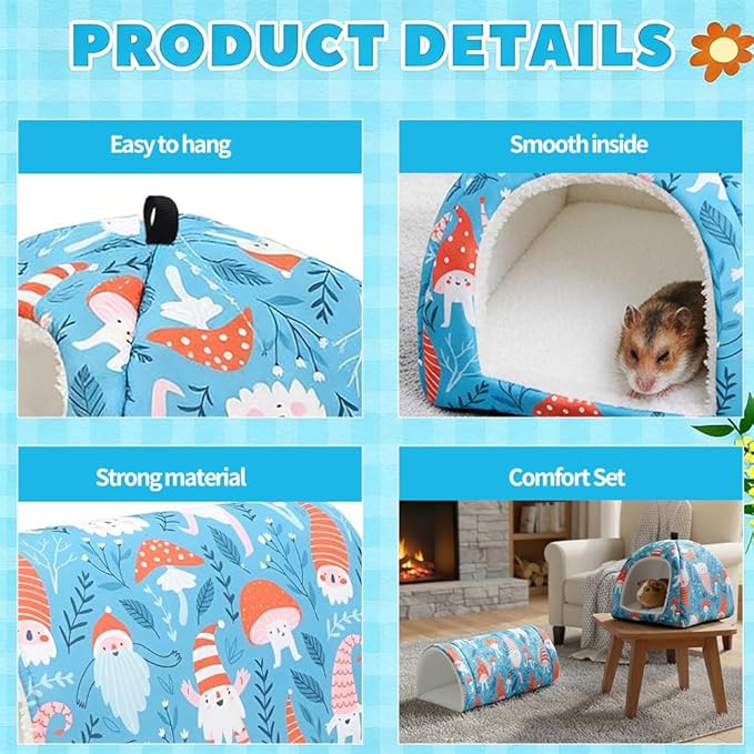 Guinea Pig Tunnel and Bed 2-Pack Set, Chew Proof Small Animal Hideout & Play Tube with Soft Bedding, Holiday Christmas or Natural Leaf Design for Guinea Pigs, Hamsters, Rabbits (Blue)
