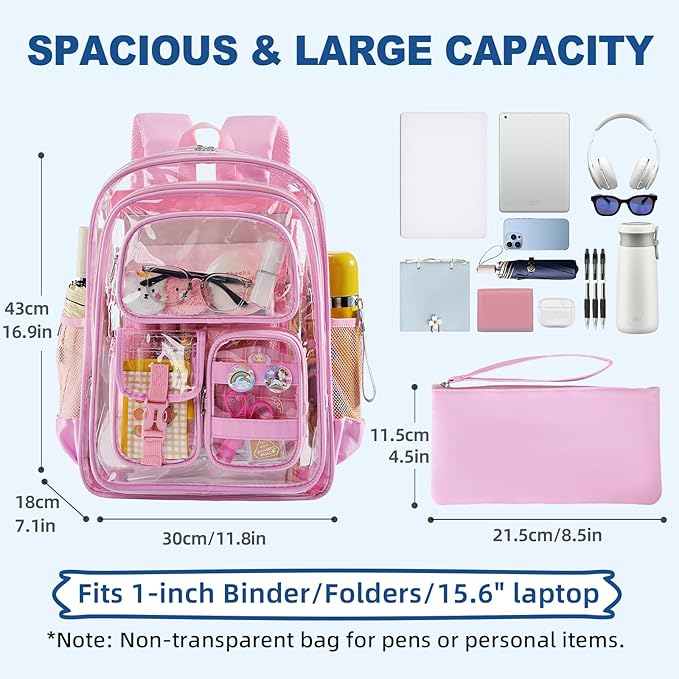 Pink Clear Backpack for School,Heavy Duty PVC Transparent Bookbag for Stadium Events Sports, Girls See Through BackPack Fits 15.6 inch Laptop for Women Work Travel