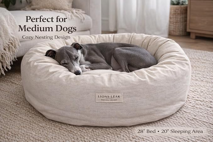 Round Dog Bed – Natural Canvas, Removable Washable Cover, Raw Cotton or Latex Fill, Hypoallergenic Non-Toxic, Made in USA (Natural, Medium, Firm Support – Raw Cotton)