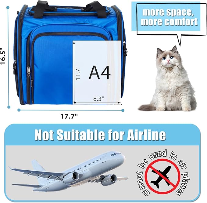 Expandable Cat Carrier with Litter Box, Extra Large Cat Carrier for Car Travel, 17.3"x16.2"x13" Portable Soft-Sided Pet Carrier, Long Road Trip Cage for Large/Medium Cats up to 30 lbs