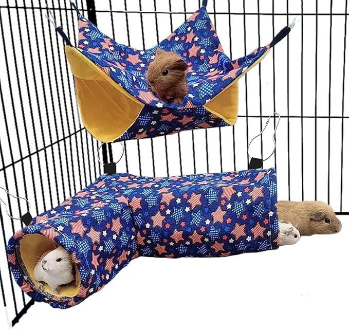 EAEDMY Guinea Pig Rat Tunnel Ferret Hammock, Small Animal Corner Tunnel & Tubes & Bed for Hedgehog Piggy Chinchilla Hideout Toys and Cage Accessories (3.Hammock&Tunnel)